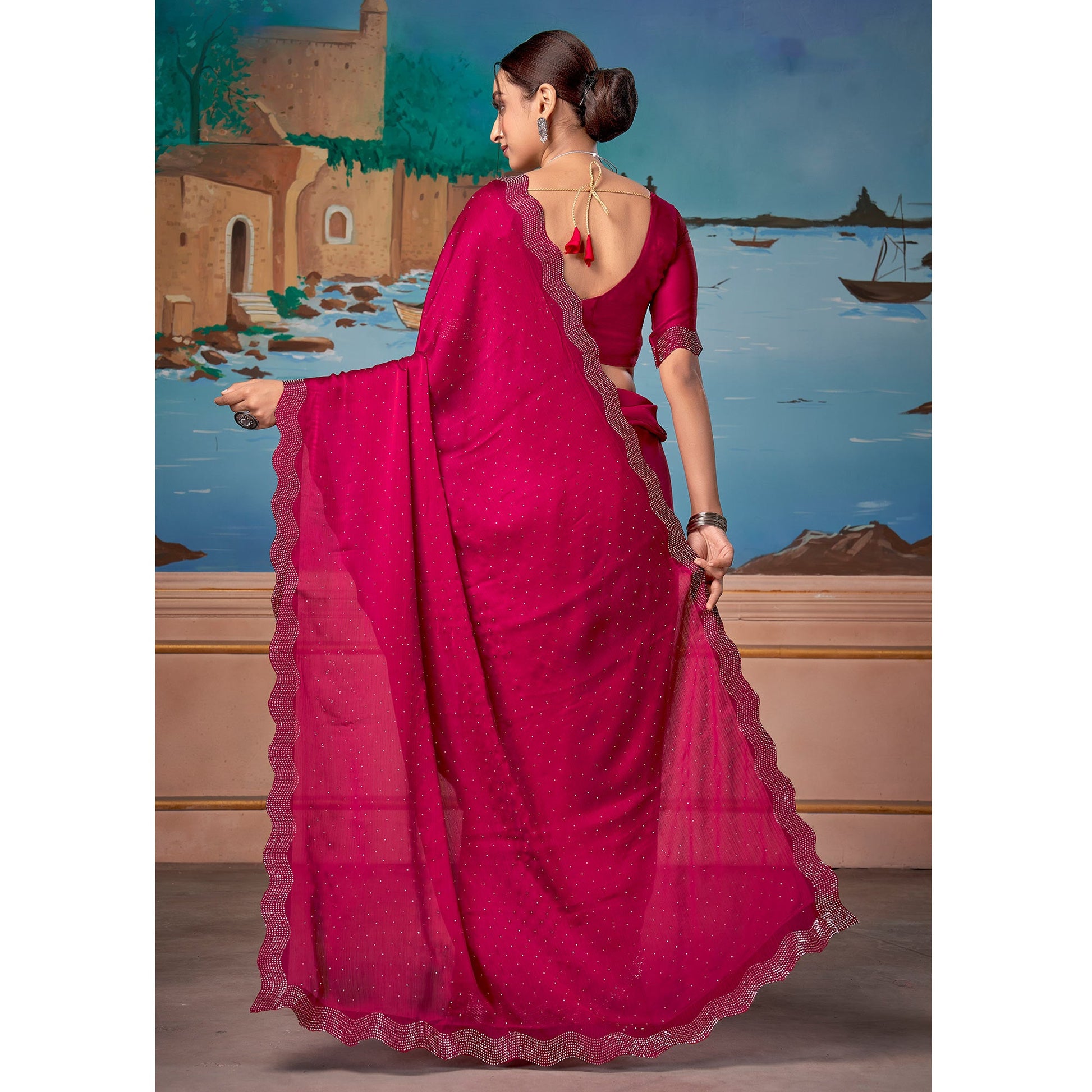 Cherry Pink Swarovski Work Satin Saree