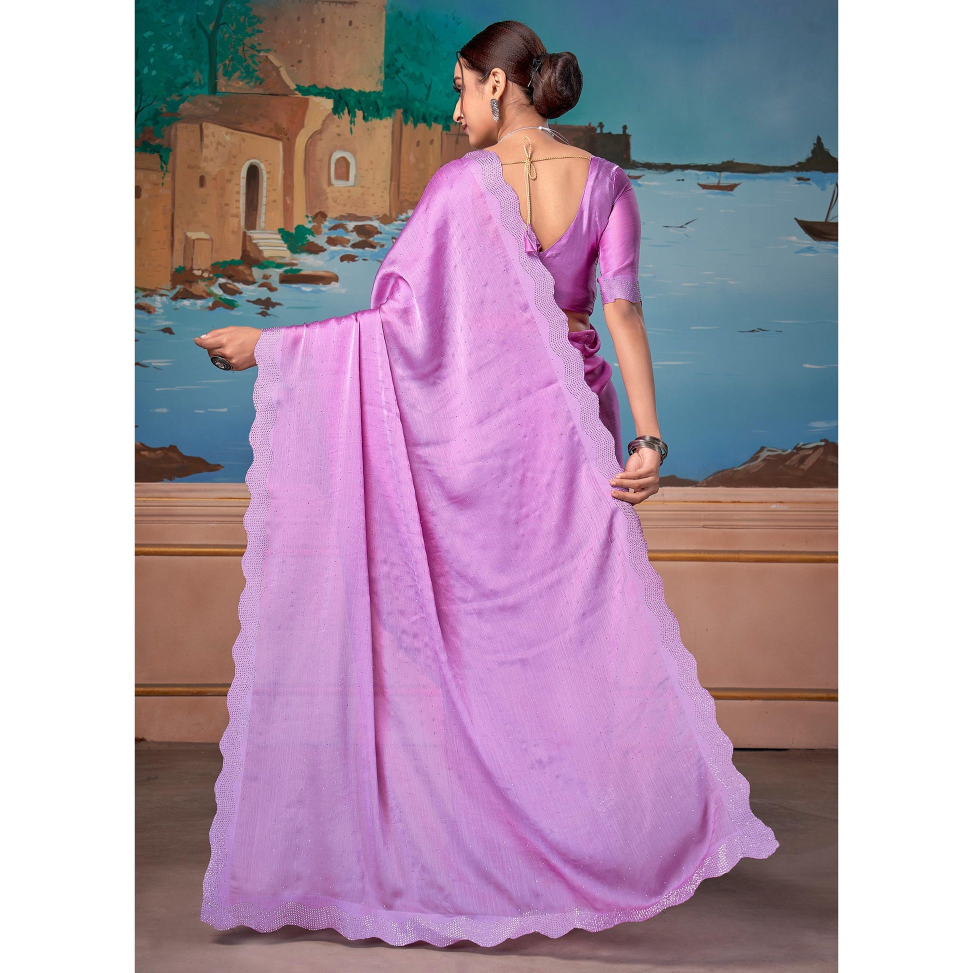 Mauve Swarovski Work Satin Saree