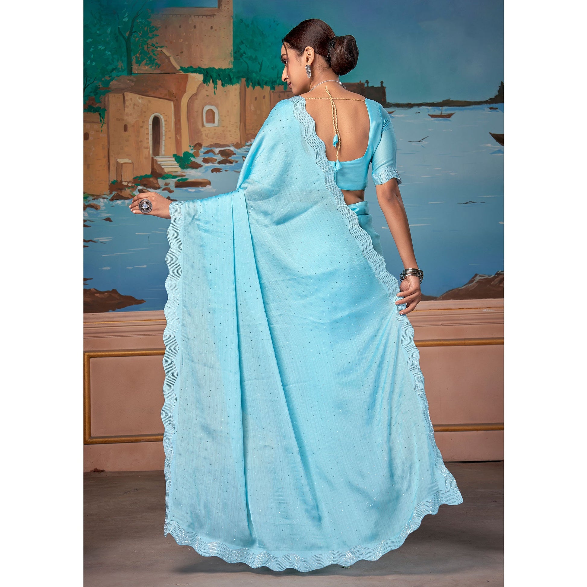 Light Blue Swarovski Work Satin Saree