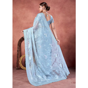 Greyish Blue Floral Sequins Embroidered chiffon Saree