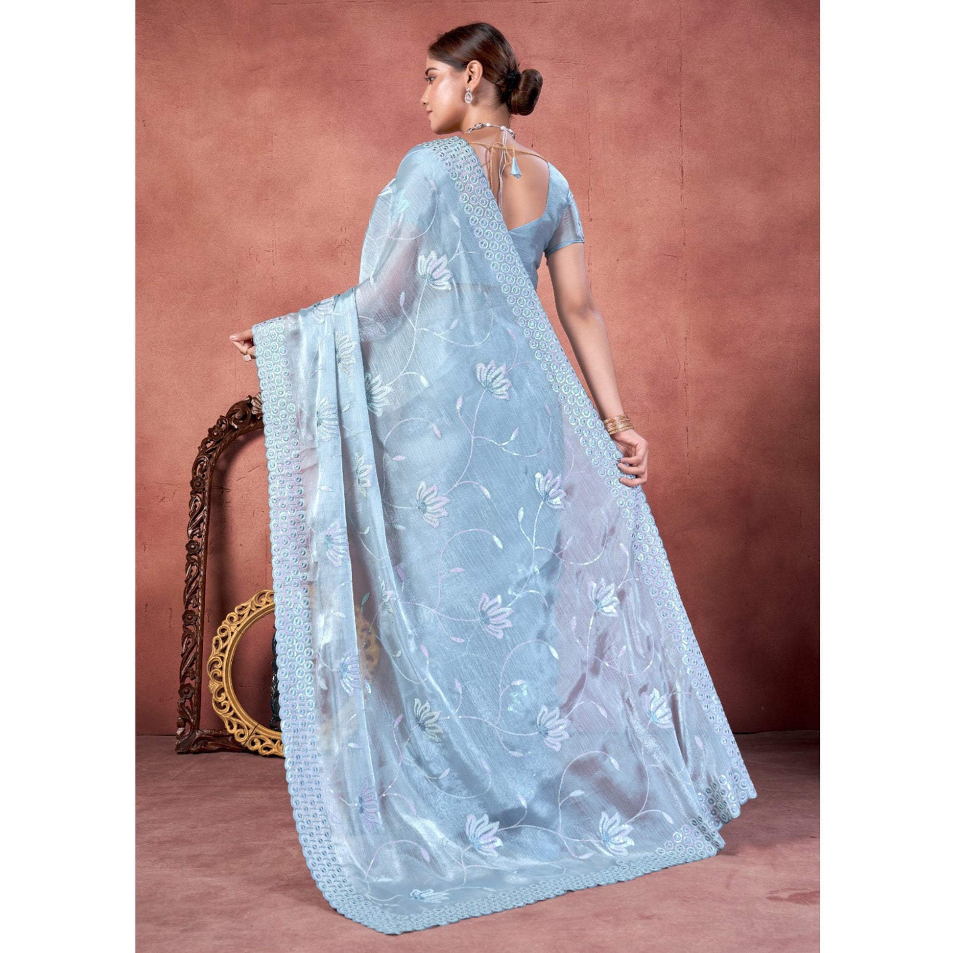 Greyish Blue Floral Sequins Embroidered chiffon Saree