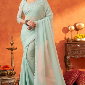 Mint Green Embroidered Crunchy Soft Net Saree With Embellished Border