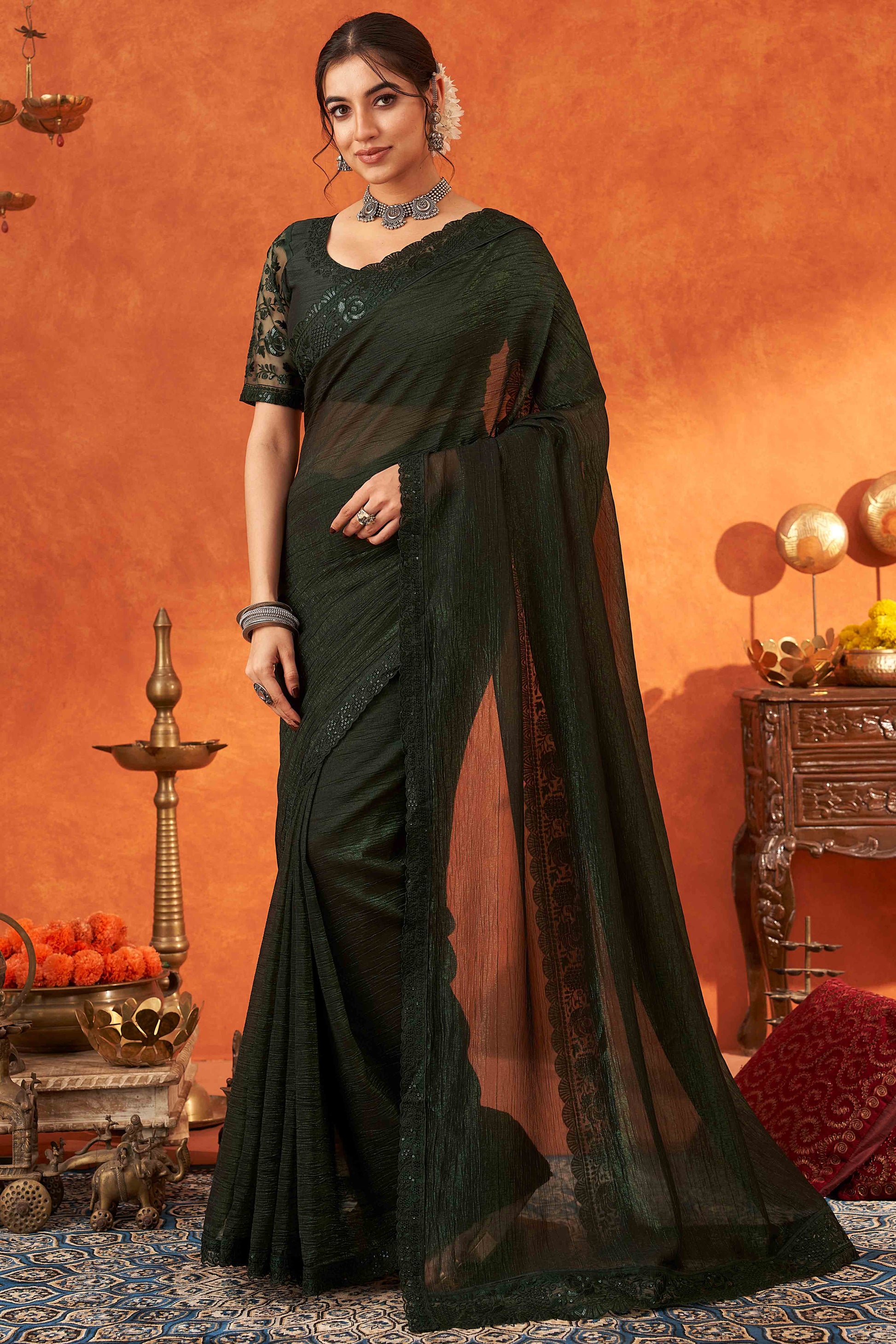 green-embroidered-crunchy-soft-net-saree-with-embellished-border