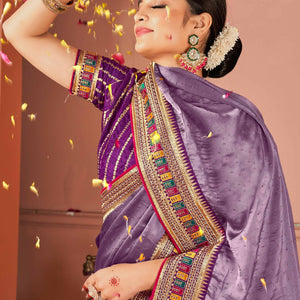 Lavender Swarovski Work Satin Rangoli Saree With Embroidered Border