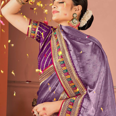 Lavender Swarovski Work Satin Rangoli Saree With Embroidered Border