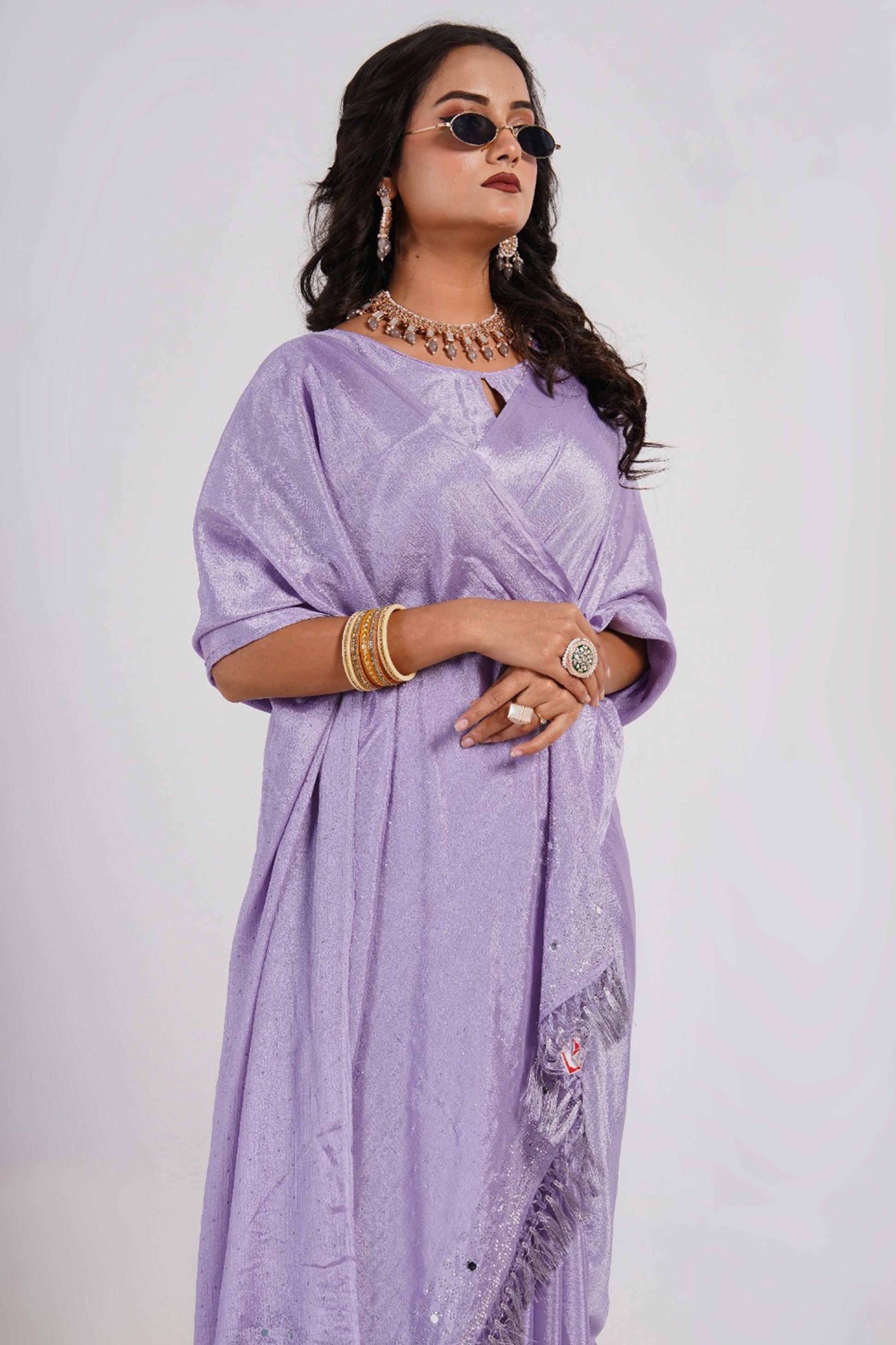 Lavender Swarovski With Mirror Work Chinon Saree