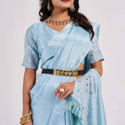 Blue Swarovski With Mirror Work Chinon Saree