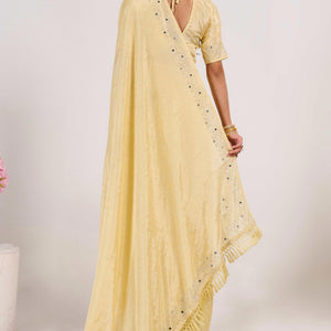 Light Yellow Swarovski With Mirror Work Chinon Saree