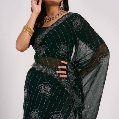 Dark Green Swarovski Work Georgette Saree