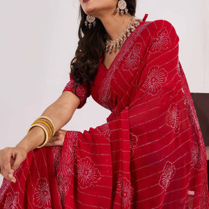 Cherry Red Swarovski Work Georgette Saree