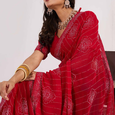 Cherry Red Swarovski Work Georgette Saree