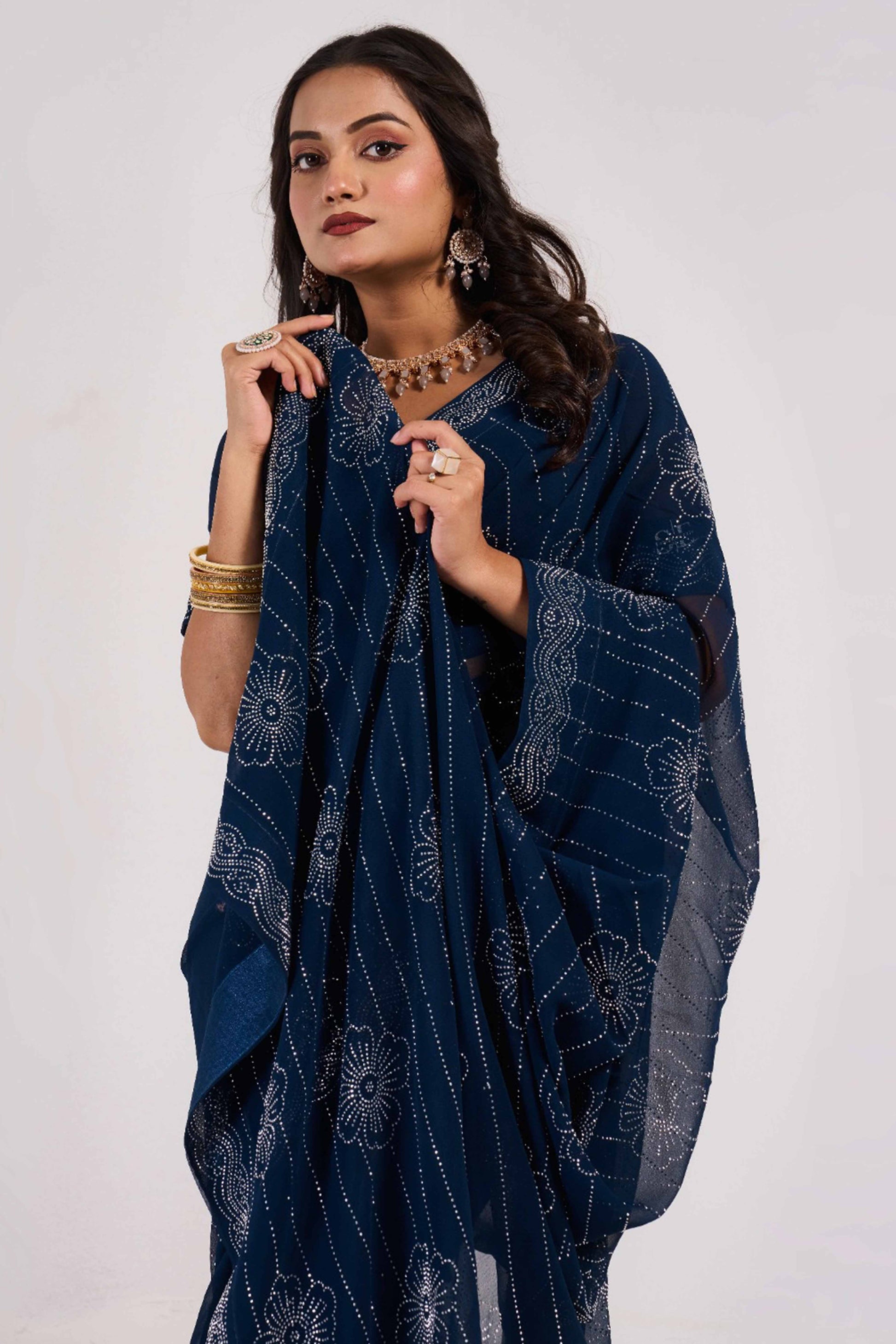 Blue Swarovski Work Georgette Saree