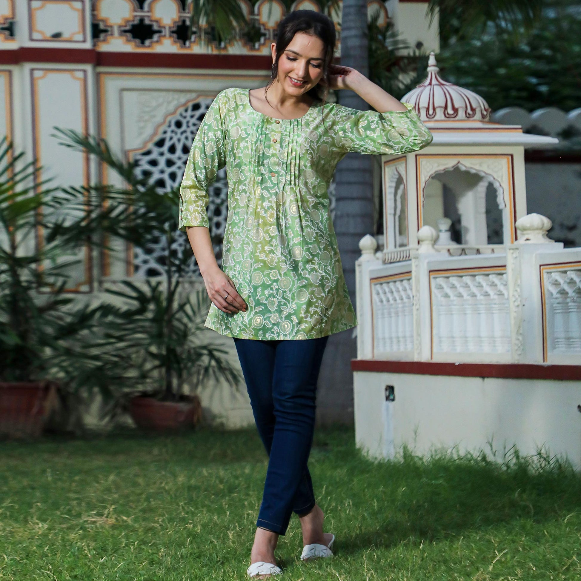 green-floral-foil-printed-modal-top
