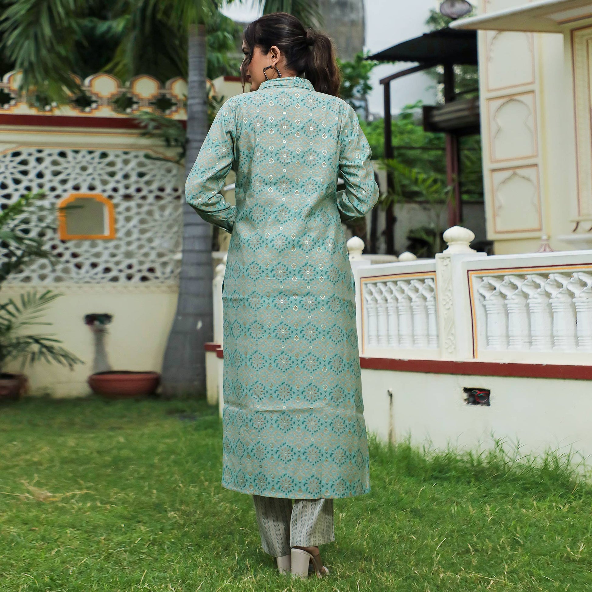 green-foil-printed-chanderi-kurti-pant-set