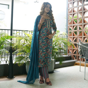 Blue Straight Chanderi Silk Suit With Handcrafted & Foil Print