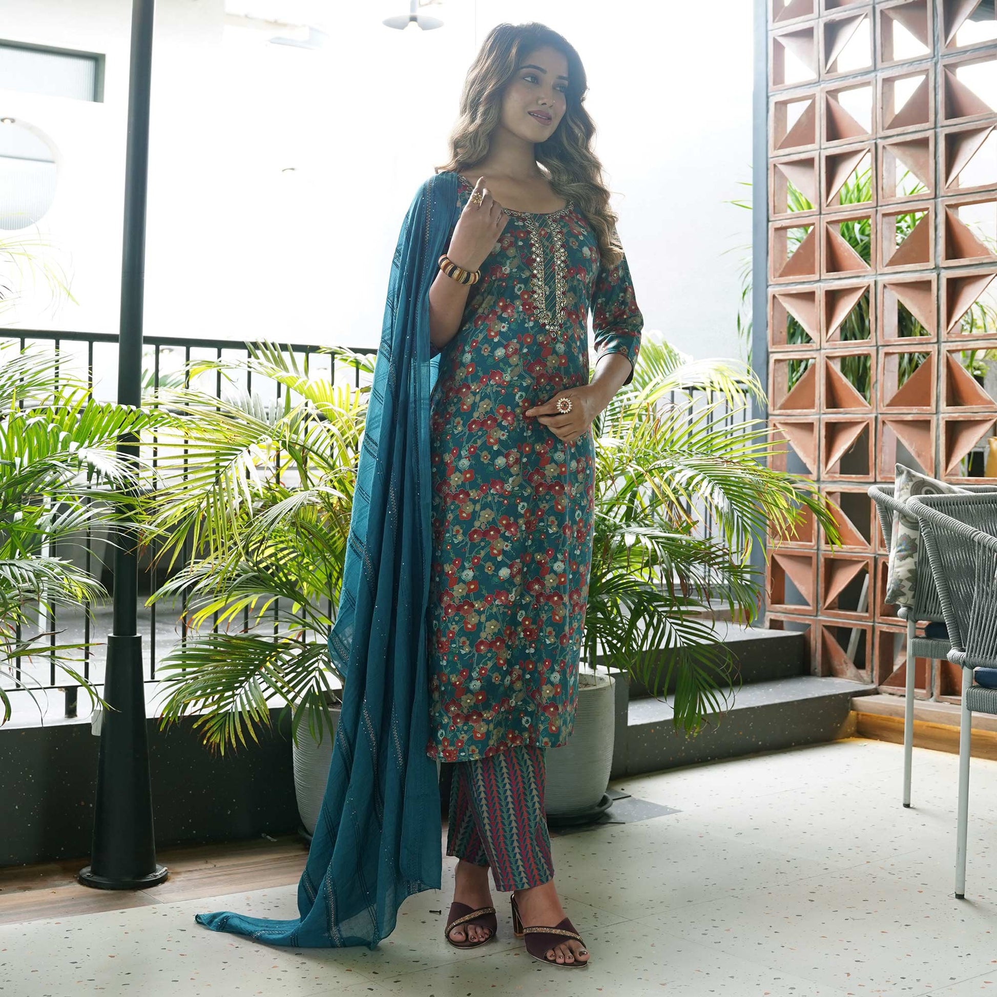Blue Straight Chanderi Silk Suit With Handcrafted & Foil Print