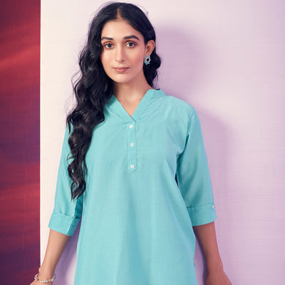 Blue Solid Cotton Blend Top