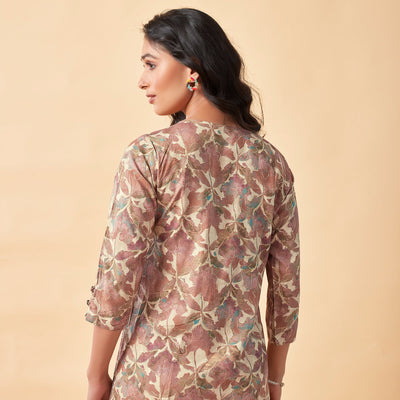 Brown Floral Foil Printed Rayon Top