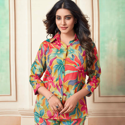 Multicolor Floral Foil Printed Muslin Co Ord Set