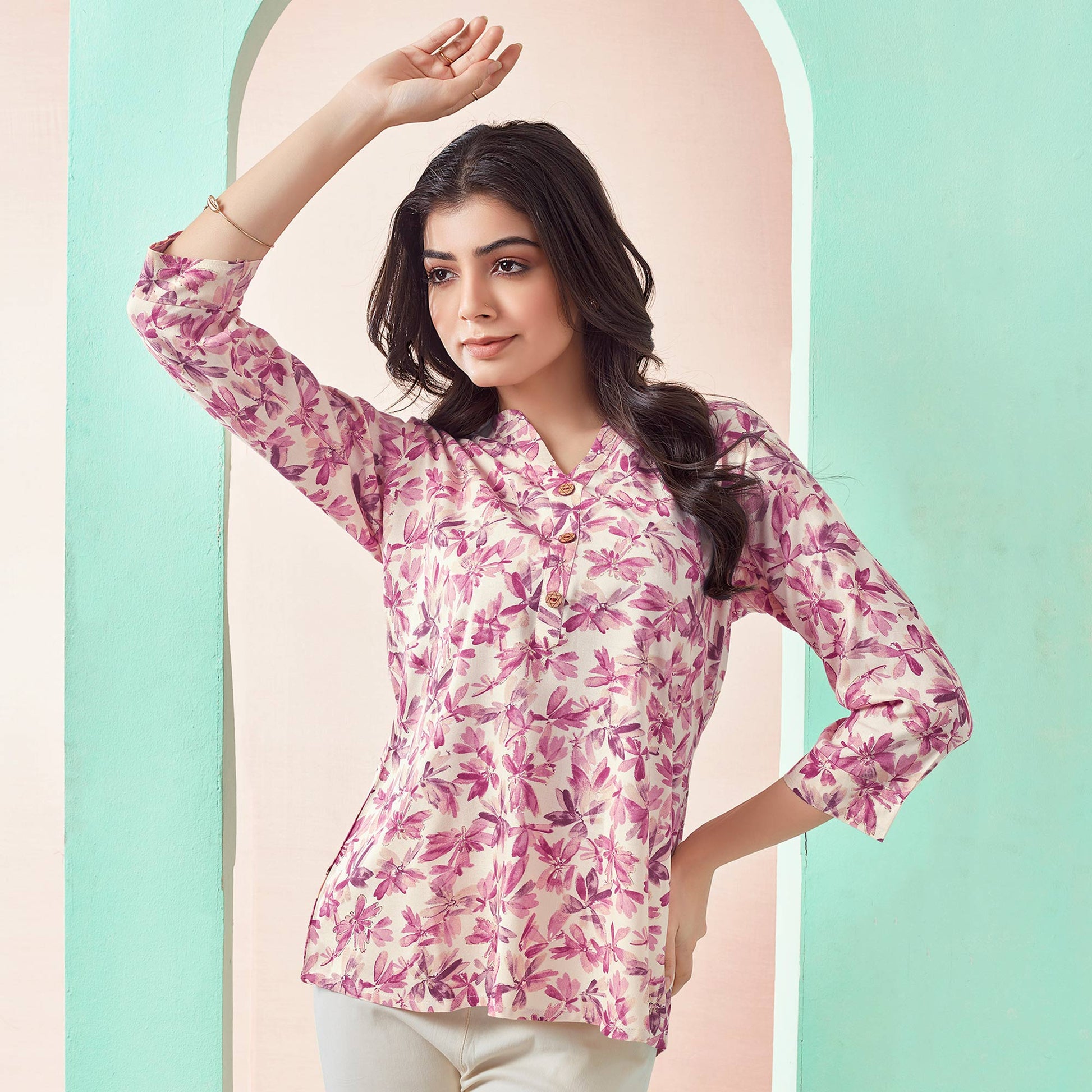 Cream & Pink Floral Foil Printed Rayon Straight Top