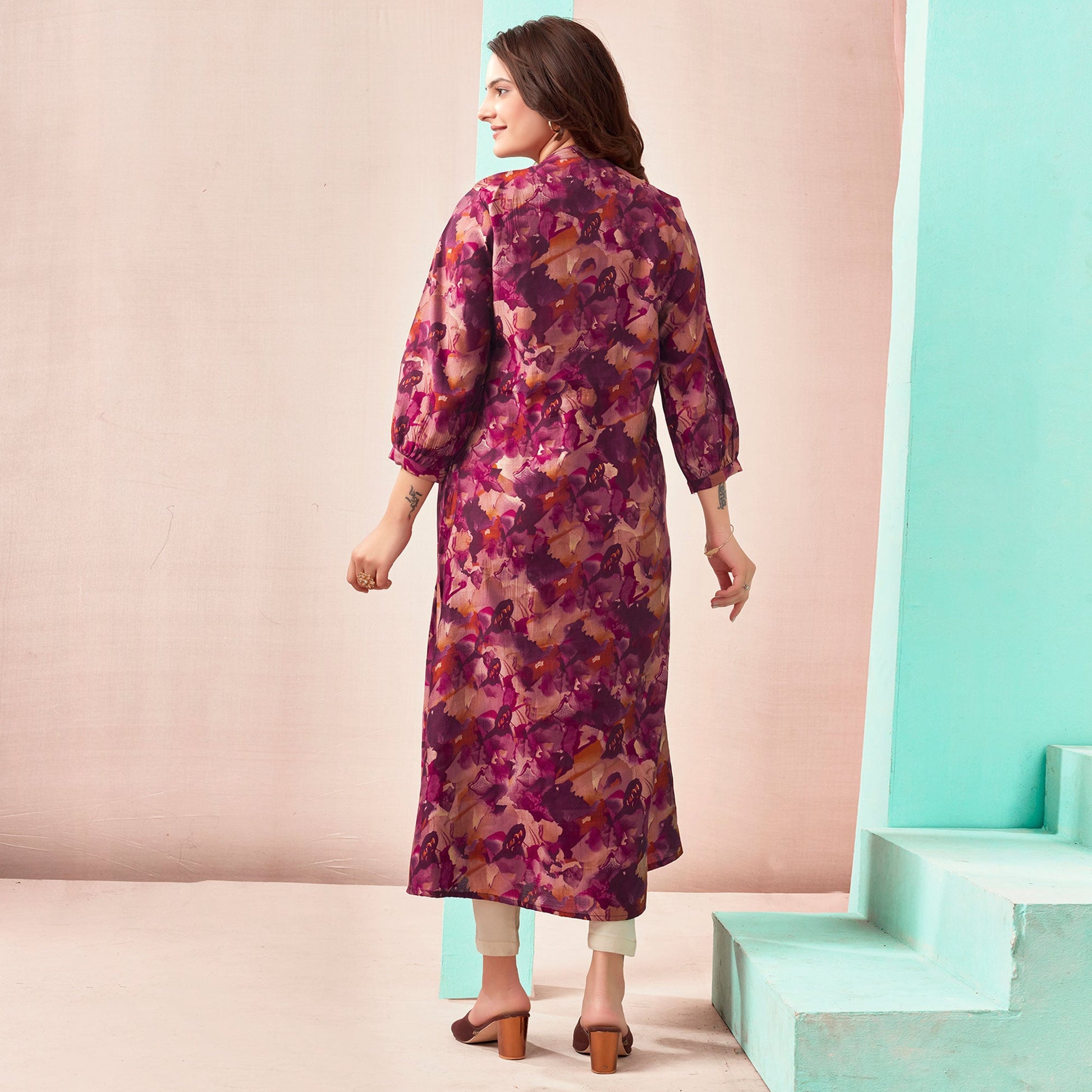 Maroon A-Line Printed Chanderi Silk Dress