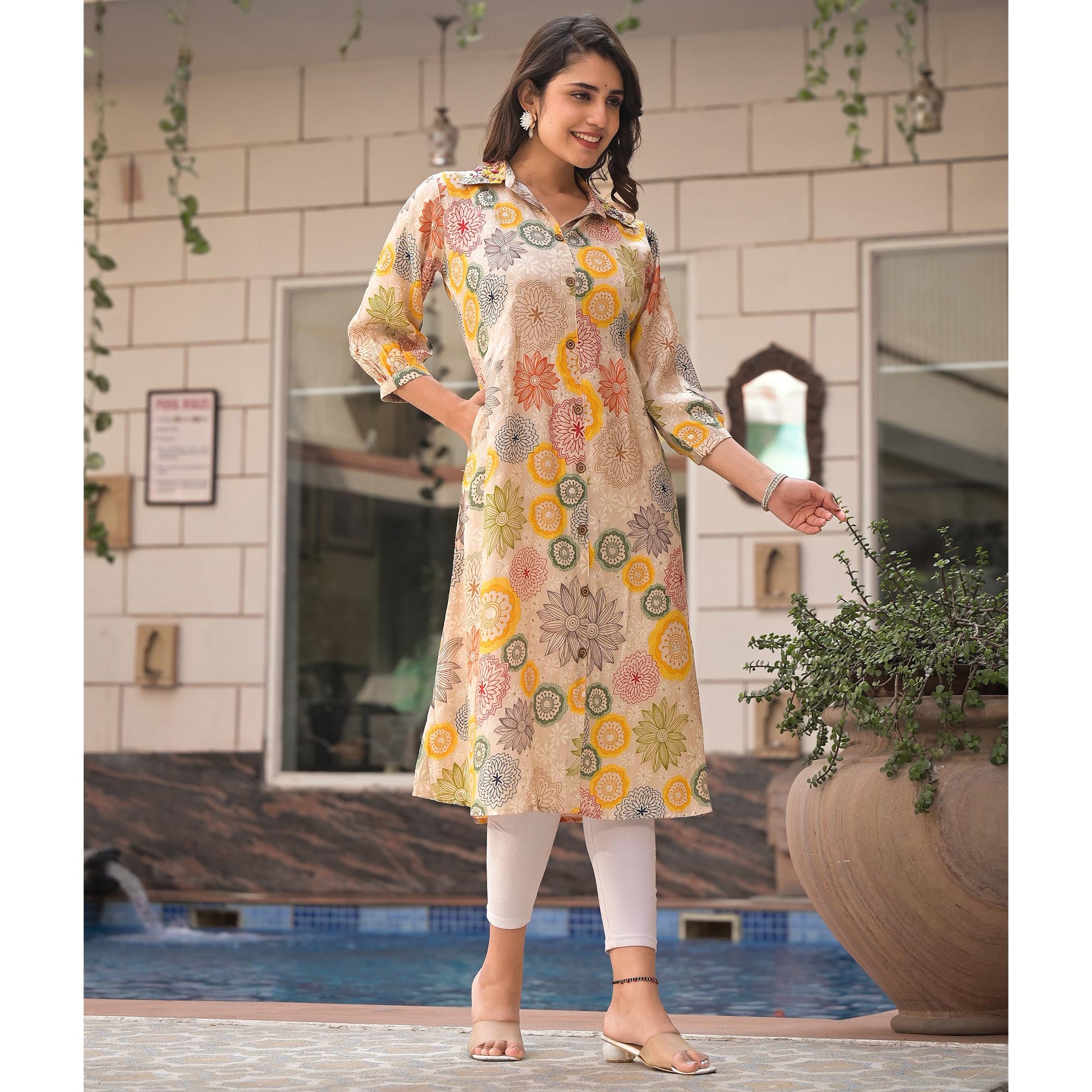 Multicolor Floral Printed Muslin A-line Kurti Dress