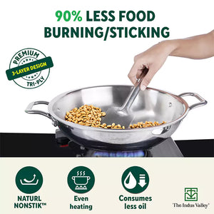 TurboCuk Tri-ply Stainless Steel Kadai+ Steel Lid, Premium Quality, 3 Layer Thick Body, 100% Toxin-free,