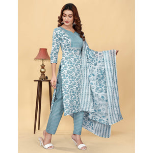 Greyish Blue Floral Printed Cotton Blend Salwar Suit