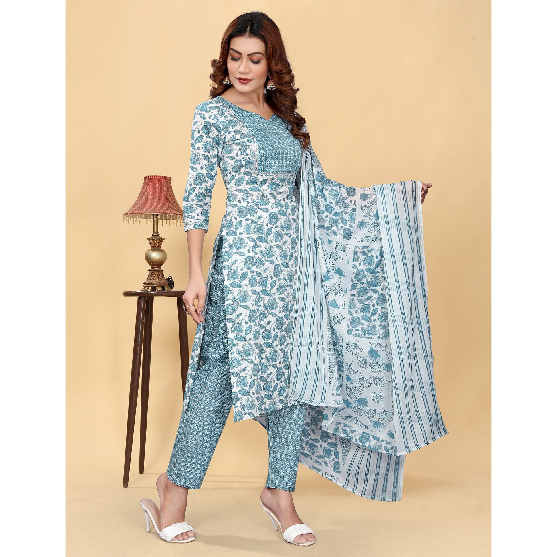 Greyish Blue Floral Printed Cotton Blend Salwar Suit