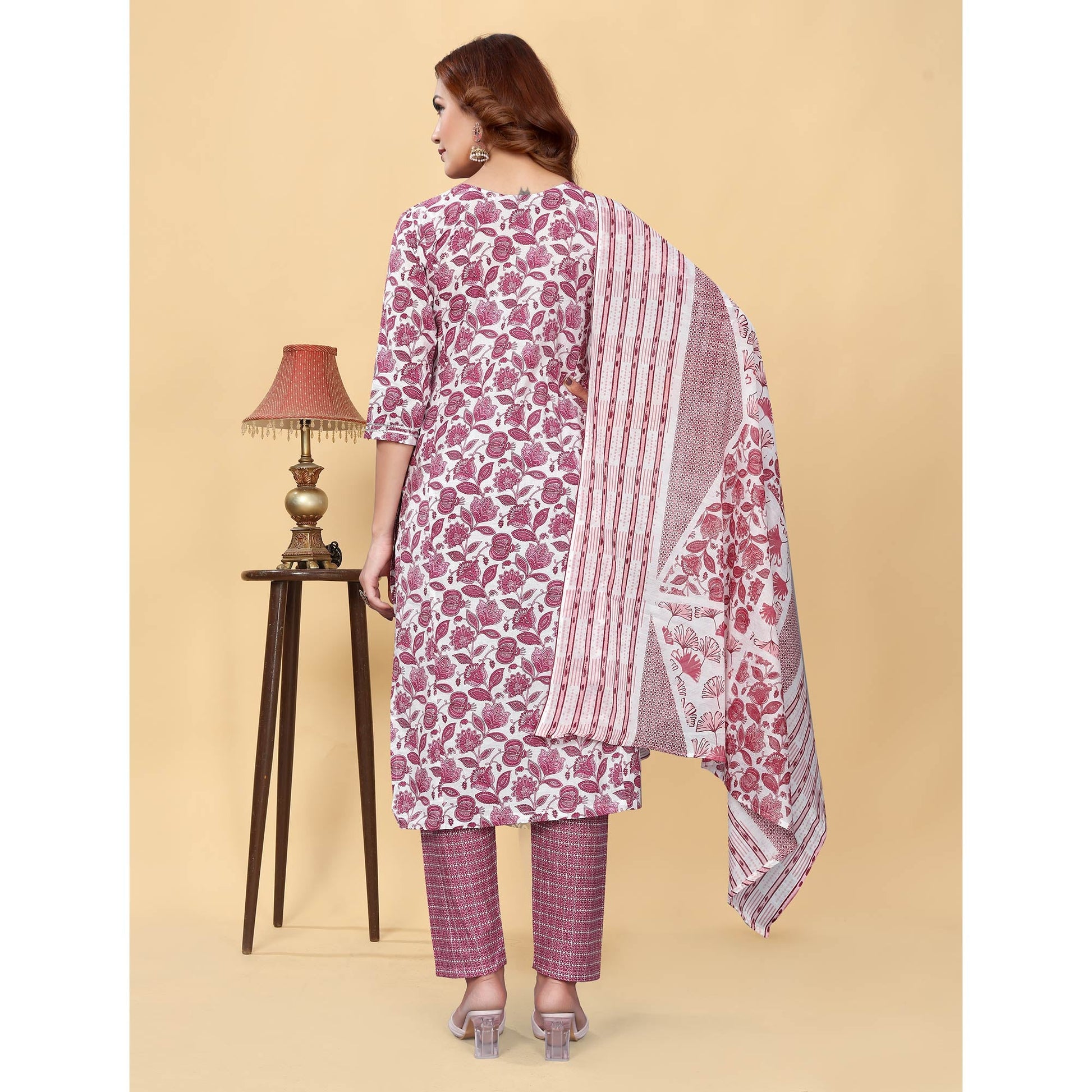 Light Wine Floral Printed Cotton Blend Salwar Suit