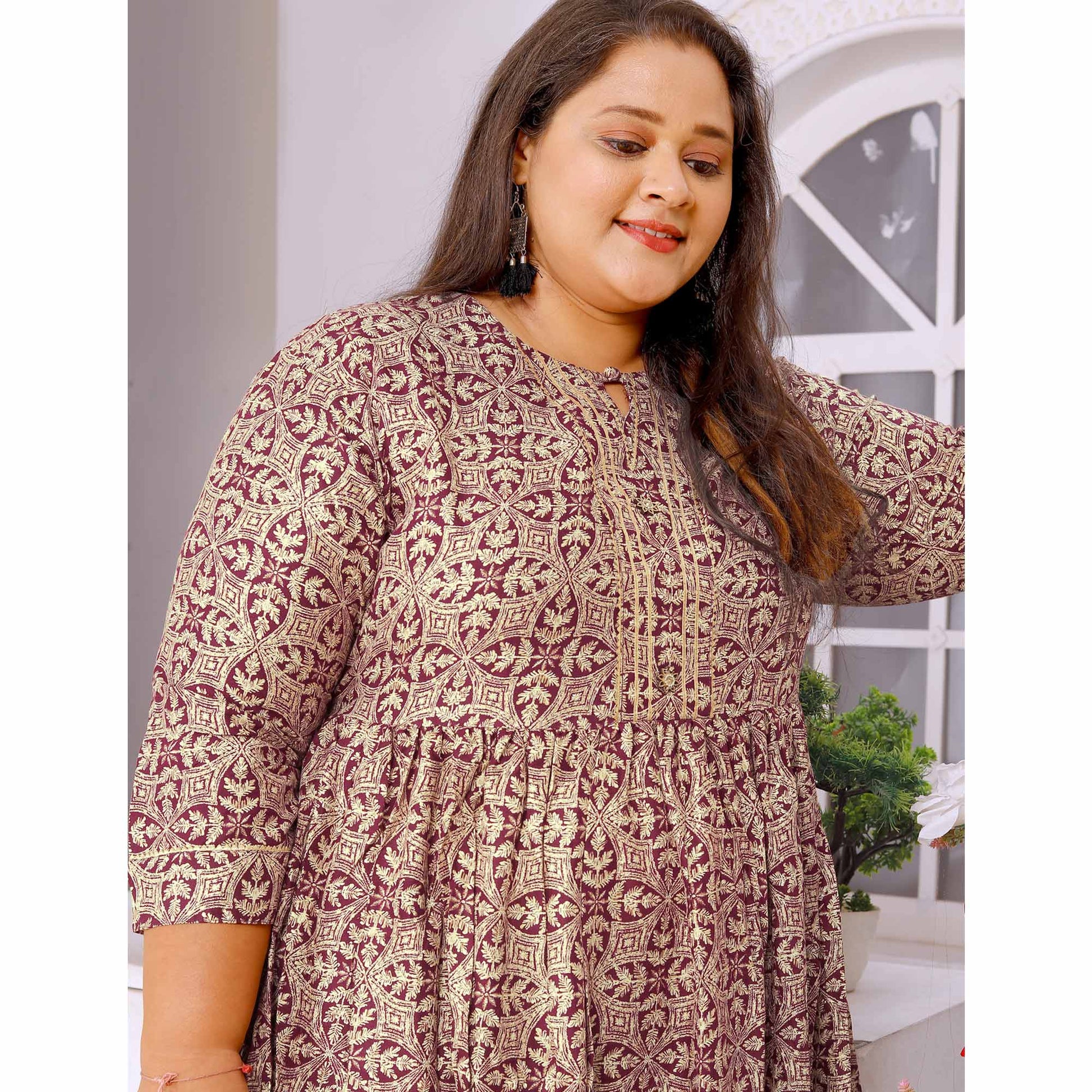 Maroon Floral Printed Rayon Long Kurti