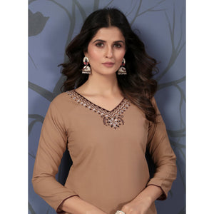 Brown Solid With Mirror Embroidered Cotton Blend Kurti