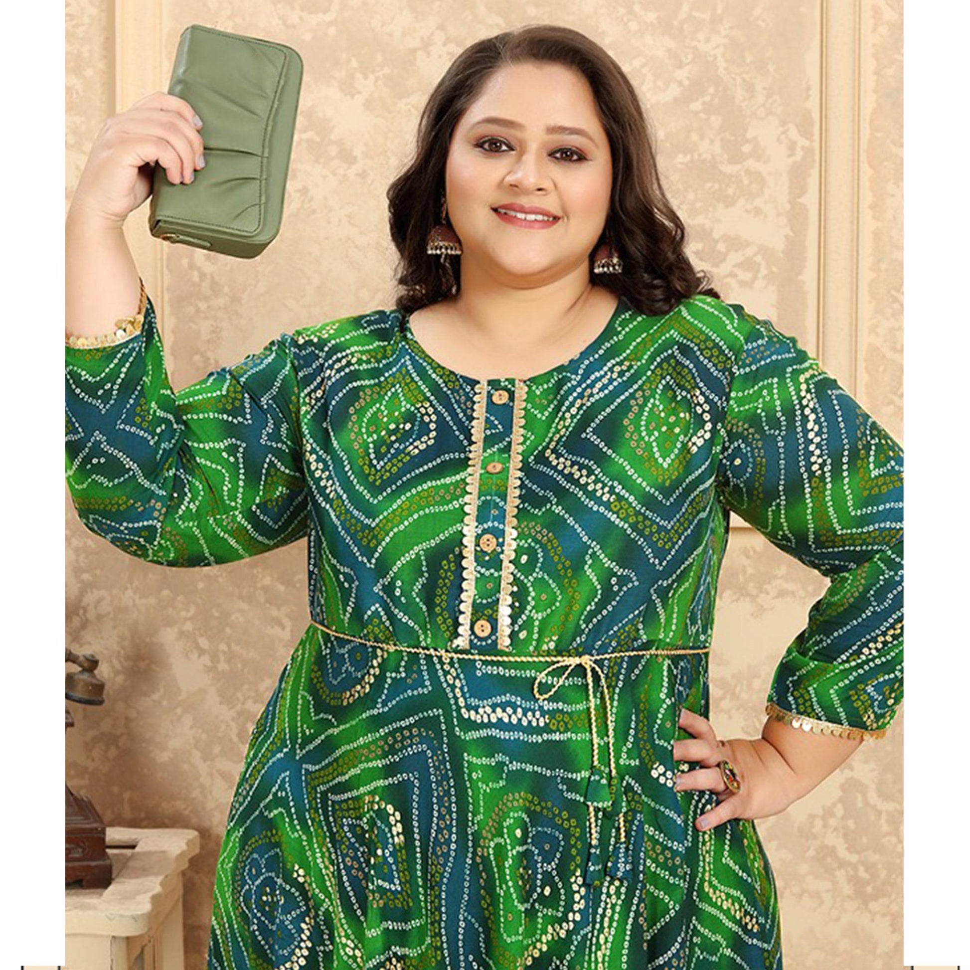 green-bandhani-printed-rayon-long-kurti
