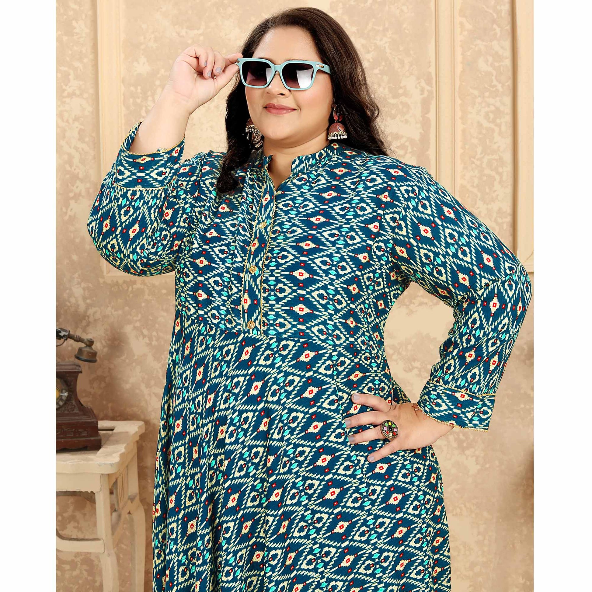 green-printed-rayon-long-kurti