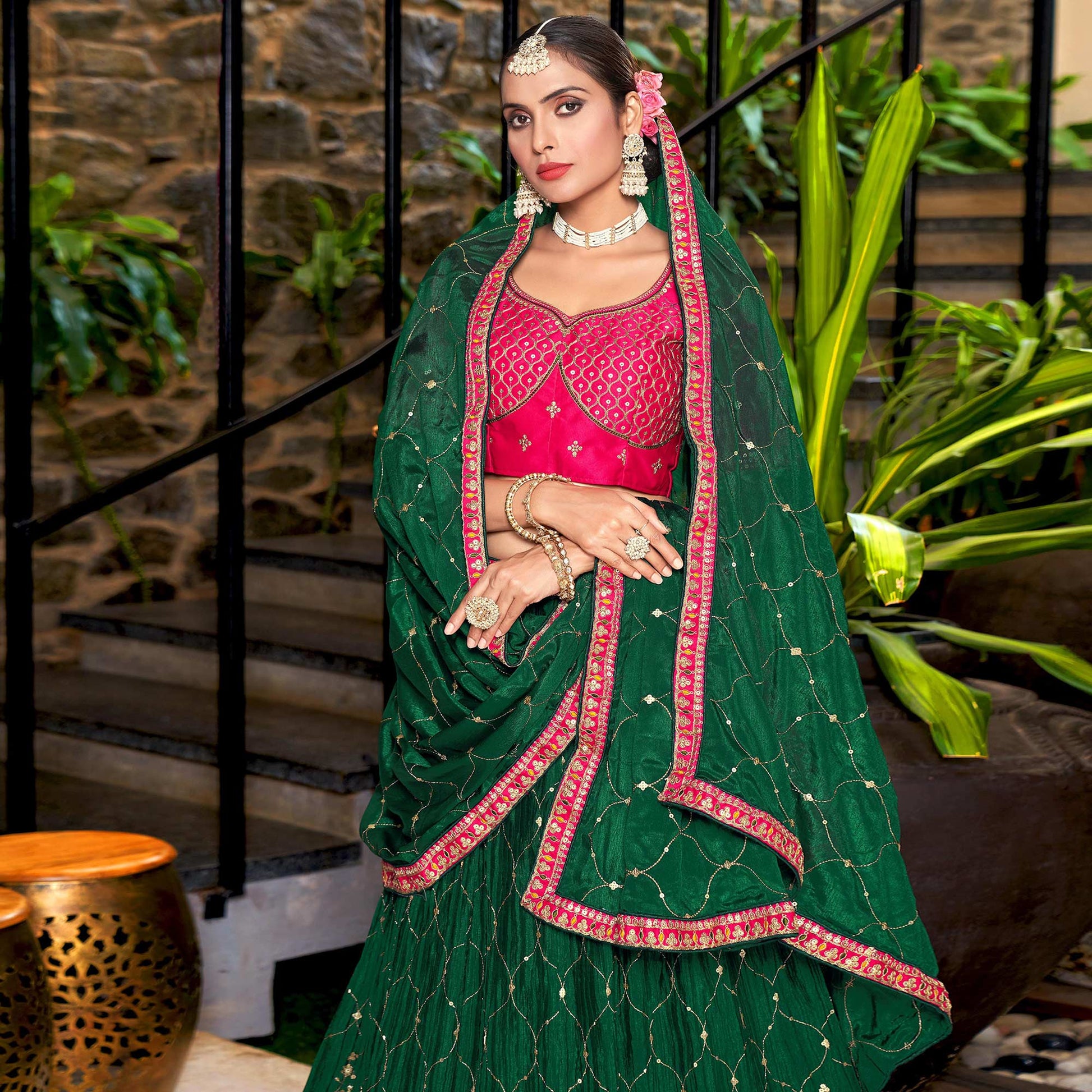 green-sequins-embroidered-chiffon-lehenga-choli