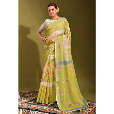 green-floral-digital-printed-linen-saree-with-tassels-1