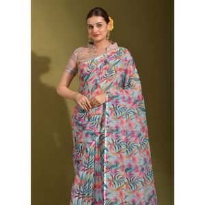 Multicolor Floral Digital Printed Linen Saree With Tassels