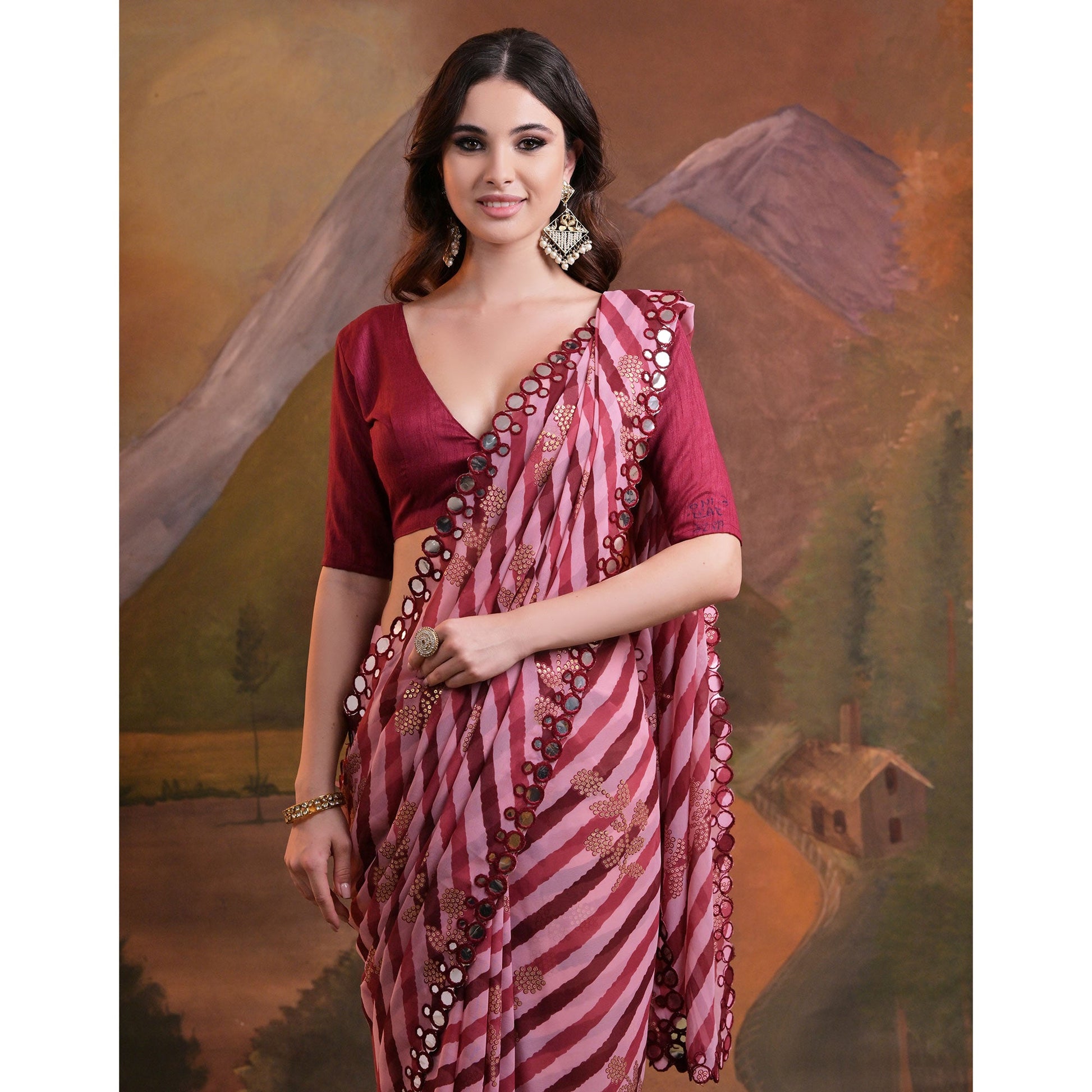 Maroon Leheriya With Floral Foil Printed Georgette Saree