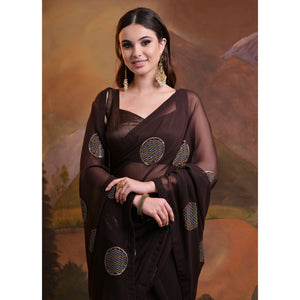 Dark Brown Sequins Embroidered Georgette Saree