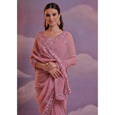 Mauve Floral Sequins Embroidered Saree