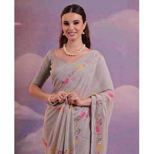Grey Sequins Embroidered Georgette Saree With Lace Border