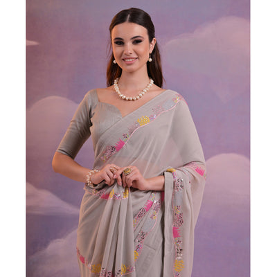 Grey Sequins Embroidered Georgette Saree With Lace Border