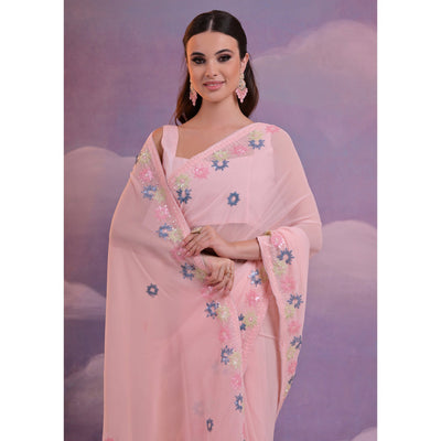 Light Pink Floral Sequins Embroidered Georgette Saree