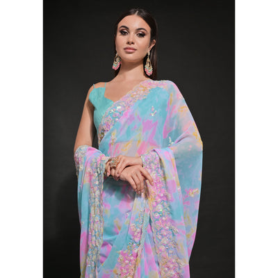 Blue Sequins Embroidered With Printed Georgette Saree