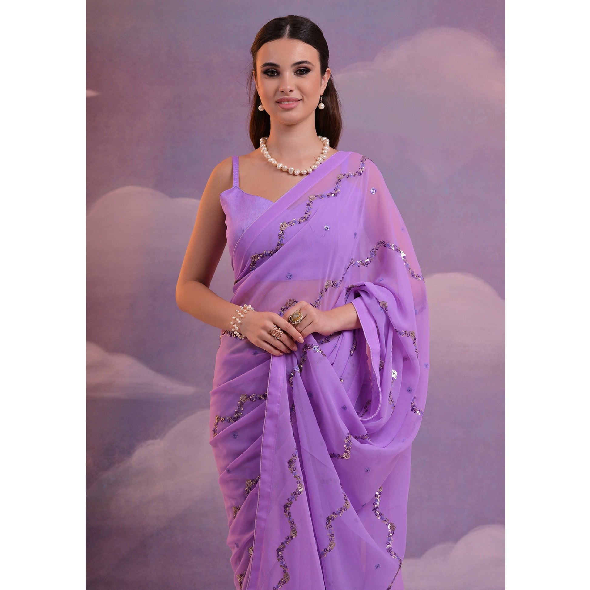 Lavender Sequins Embroidered Georgette Saree