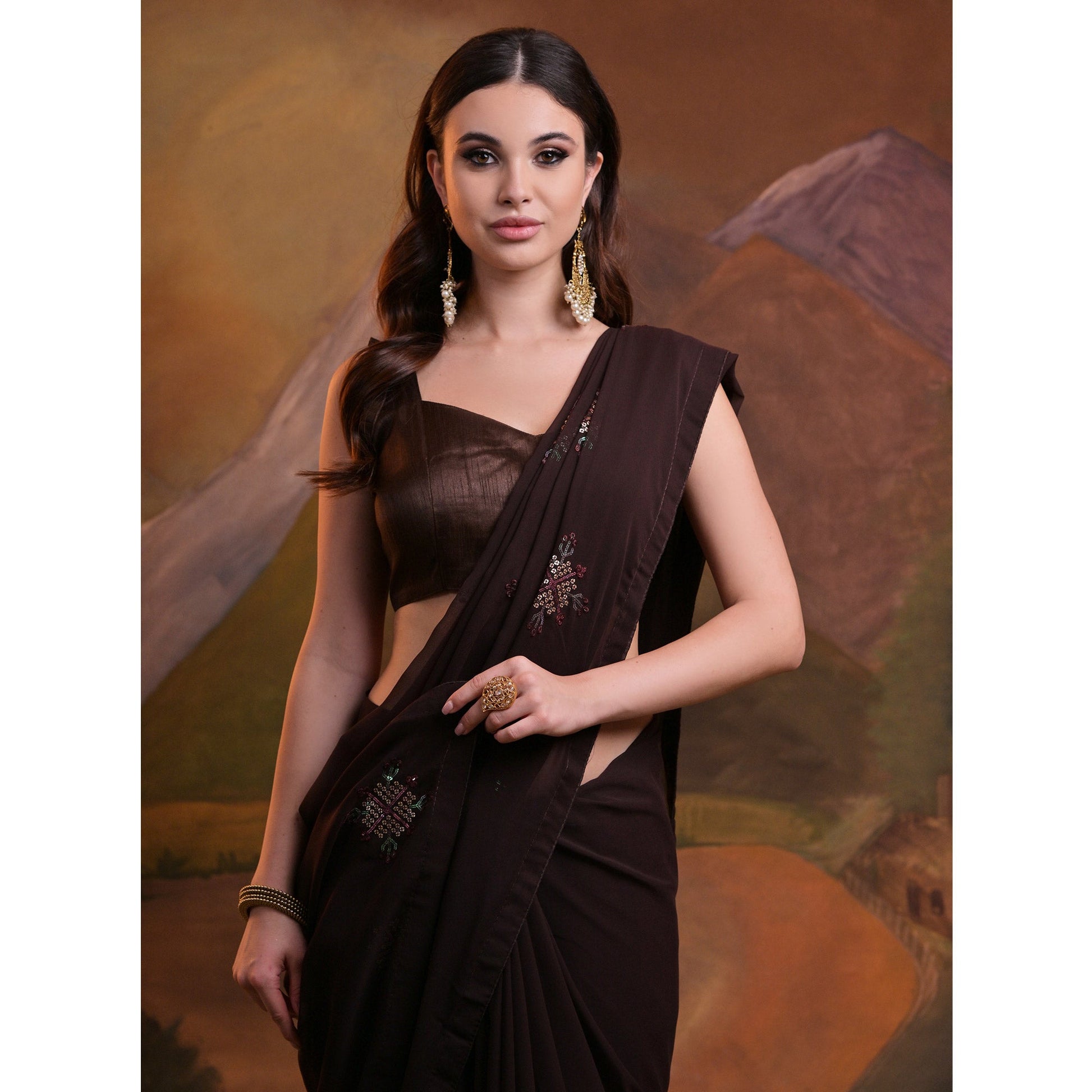 Brown Sequins Embroidered Georgette Saree