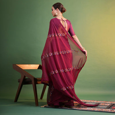 Maroon Floral Sequins Embroidered Georgette Saree