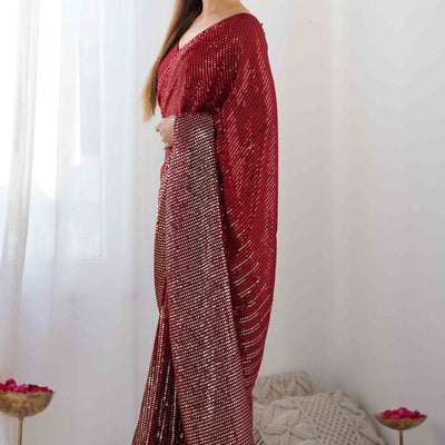 Maroon Sequins Embroidered Georgette Saree