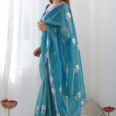 Dusty Teal Floral Embroidered Net Saree