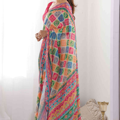 Multicolor Bandhani Printed Chinon Saree